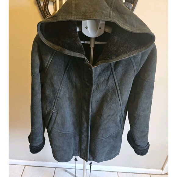 Vintage Shearling Jacket Sheepskin Suede Coat Siena Studio Womens L XL Black - Picture 2 of 12